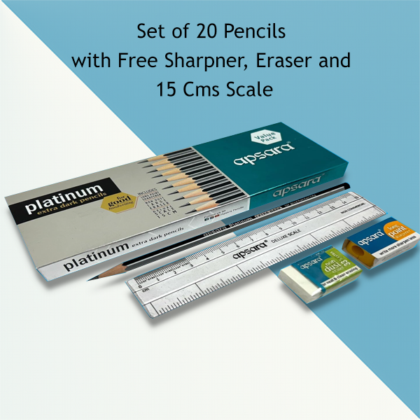 Apsara Platinum Pencil Value Pack | Free Sharpner, Eraser and 15 Cms Plastic Scale