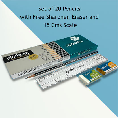 Apsara Platinum Pencil Value Pack | Free Sharpner, Eraser and 15 Cms Plastic Scale