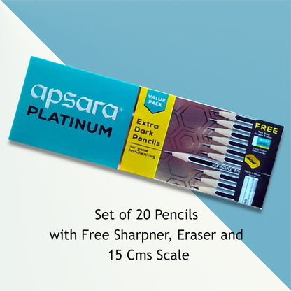 Apsara Platinum Pencil Value Pack | Free Sharpner, Eraser and 15 Cms Plastic Scale